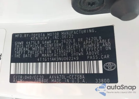 2022 Toyota Camry Se Nightshade Edition from USA, damaged, VIN 4T1G11AK9NU062249